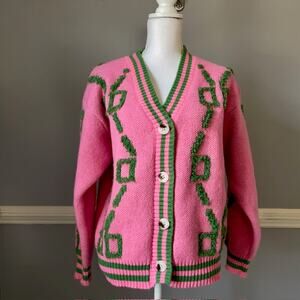 Vintage Style Pink Green Textured Knit Cardigan Sweater Button Front Large